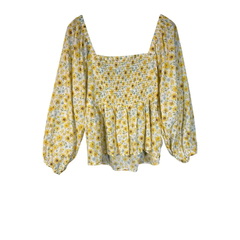 NWT Old Navy‎ Cotton Sunflower Print Babydoll Peasant Top Smocked 2X Blouse Plus